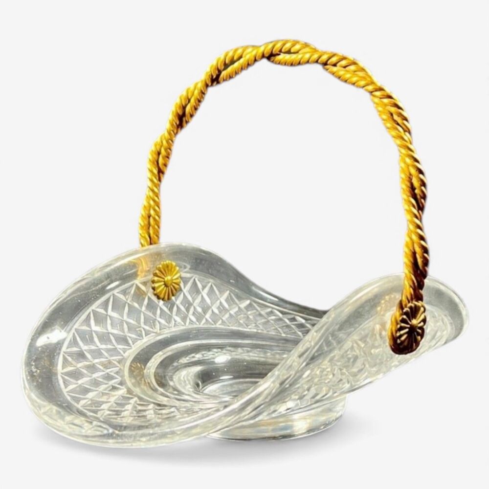 Vintage Mid Century cut glass crystal basket brass roped handle